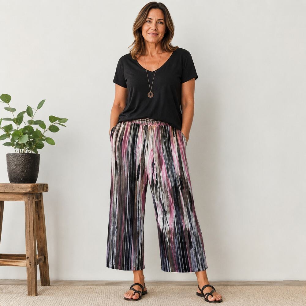 Robert Louis pink black striped wide leg stretchy pants Medium comfortable flowy